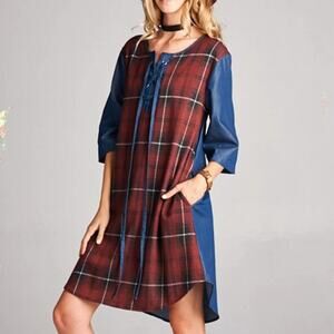 Plaid and Chambray Half Sleeve Grommet Placket Shirt Tail Hem Boho Tunic Dress